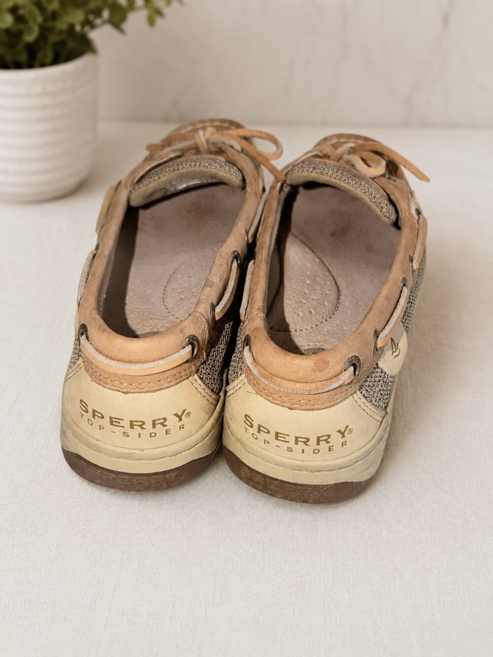 Sperry Top-Sider Boat Shoes Tan Beige Mesh Leather Slip On Loafers Women’s 6.5w - Picture 2 of 8